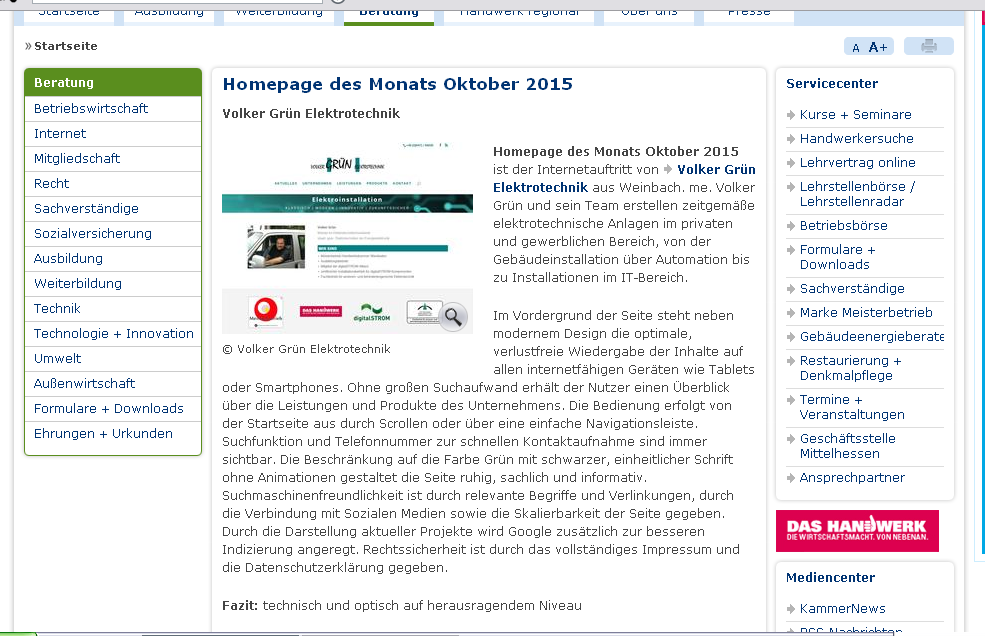 Homepage des Monats der Handwerkskammer Wiesbaden
